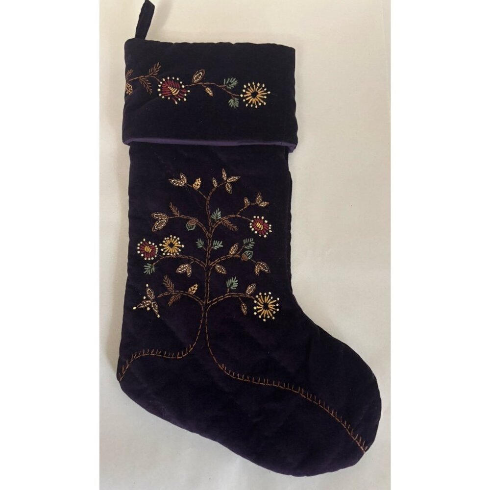 Pottery barn Retired Christmas Stocking Embroidered Purple Cotton Velvet